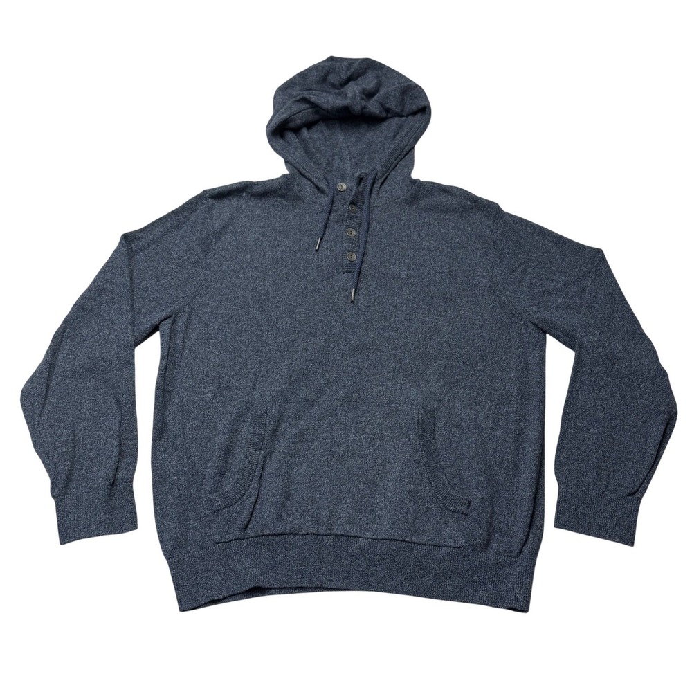 L.L.Bean Hooded Sweater Mens Large 100% Cotton Blue Gray Henley Pullover Preppy